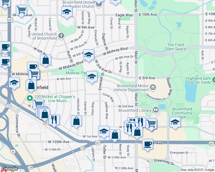 map of restaurants, bars, coffee shops, grocery stores, and more near 295 Agate Way in Broomfield