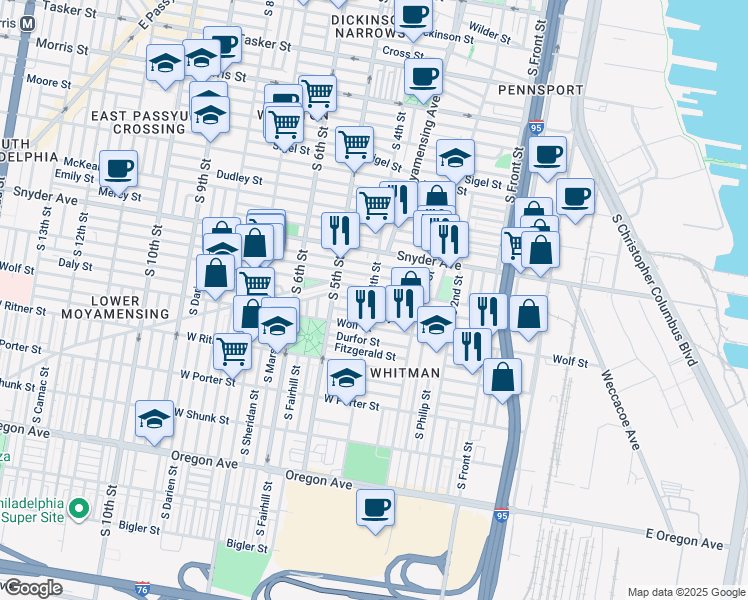 map of restaurants, bars, coffee shops, grocery stores, and more near 373 Tree Street in Philadelphia