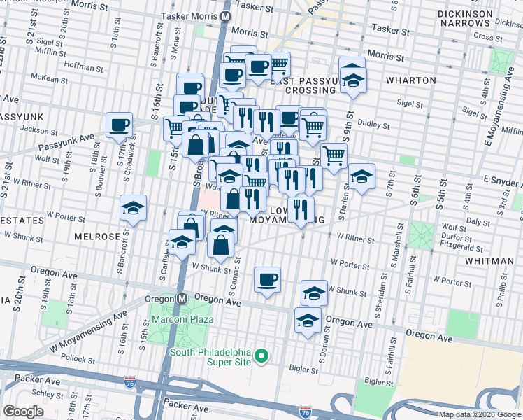 map of restaurants, bars, coffee shops, grocery stores, and more near 2313 South 12th Street in Philadelphia