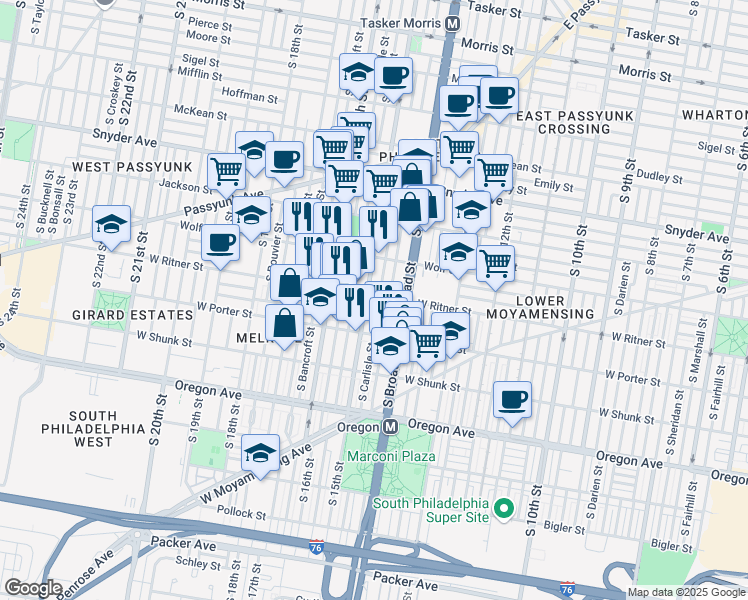 map of restaurants, bars, coffee shops, grocery stores, and more near 1507 West Ritner Street in Philadelphia