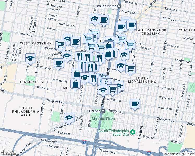 map of restaurants, bars, coffee shops, grocery stores, and more near 1507 West Ritner Street in Philadelphia