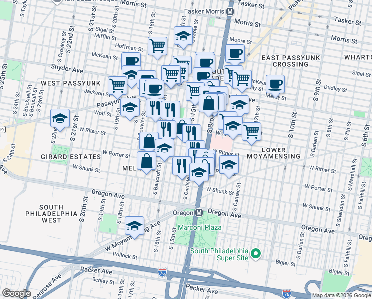 map of restaurants, bars, coffee shops, grocery stores, and more near 1507 West Ritner Street in Philadelphia