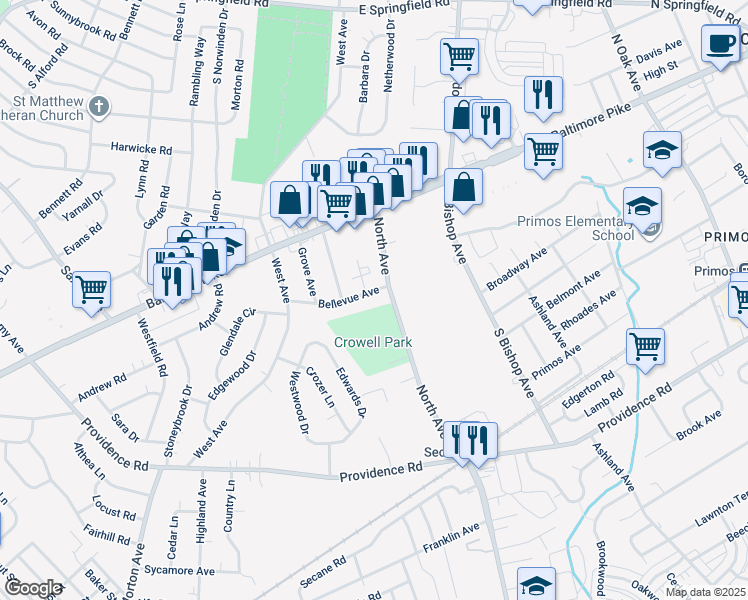 map of restaurants, bars, coffee shops, grocery stores, and more near 115 Bellevue Avenue in Springfield