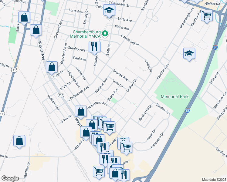 map of restaurants, bars, coffee shops, grocery stores, and more near 911 Byers Avenue in Chambersburg