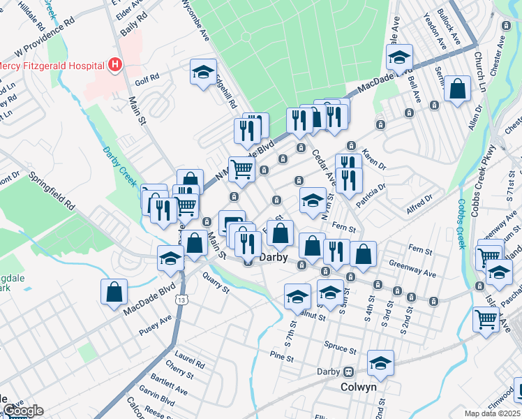 map of restaurants, bars, coffee shops, grocery stores, and more near 123 North 9th Street in Darby
