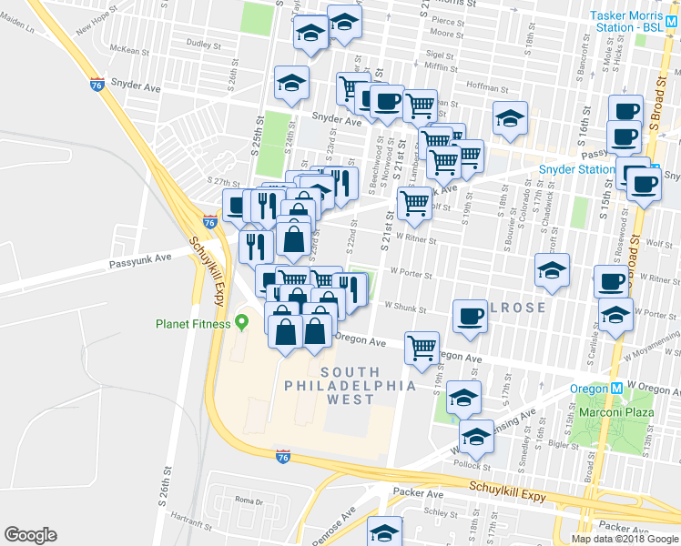 map of restaurants, bars, coffee shops, grocery stores, and more near 2510 South 22nd Street in Philadelphia