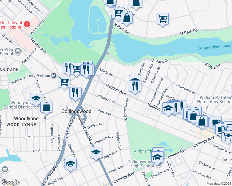 map of restaurants, bars, coffee shops, grocery stores, and more near 233 Haddon Avenue in Collingswood