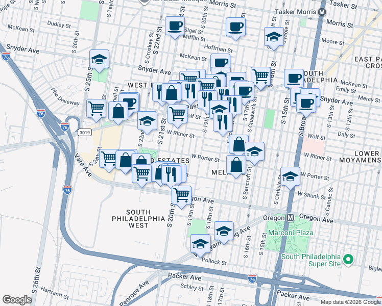 map of restaurants, bars, coffee shops, grocery stores, and more near 2439 South 20th Street in Philadelphia
