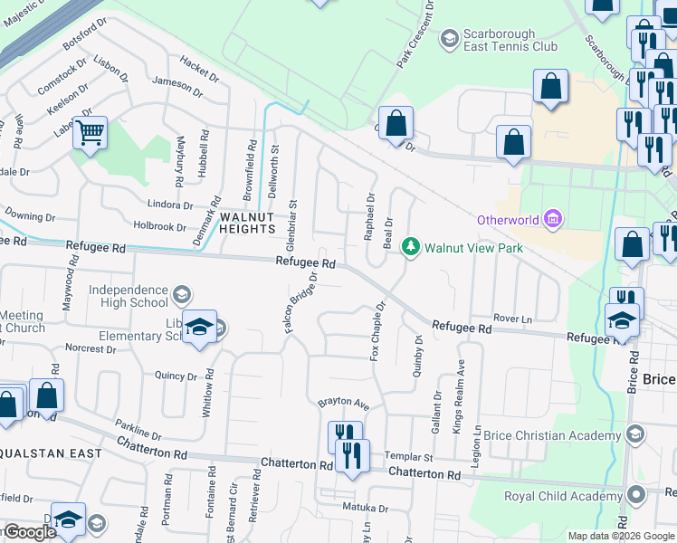 map of restaurants, bars, coffee shops, grocery stores, and more near 5380 Refugee Road in Columbus