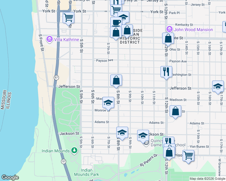 map of restaurants, bars, coffee shops, grocery stores, and more near 716 Jefferson Street in Quincy
