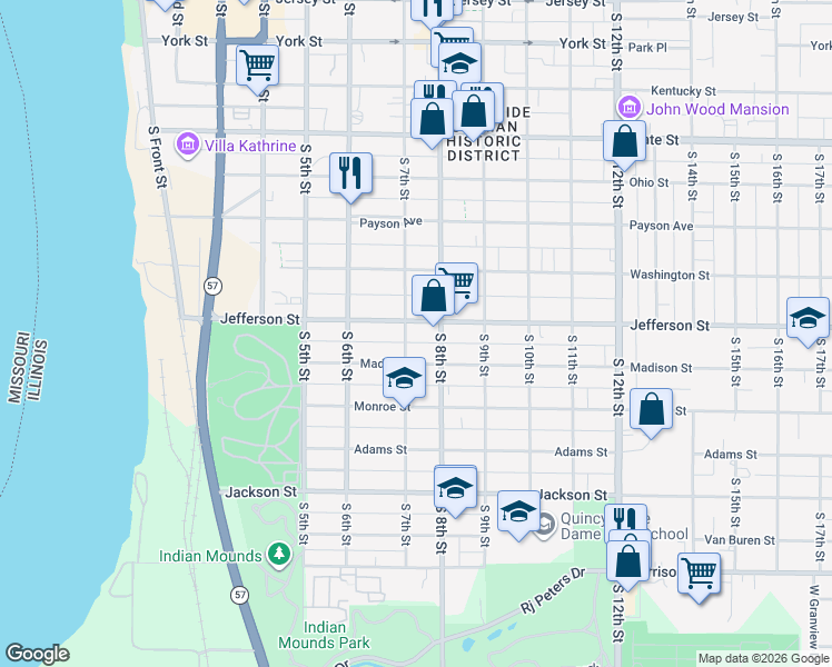 map of restaurants, bars, coffee shops, grocery stores, and more near 716 Jefferson Street in Quincy