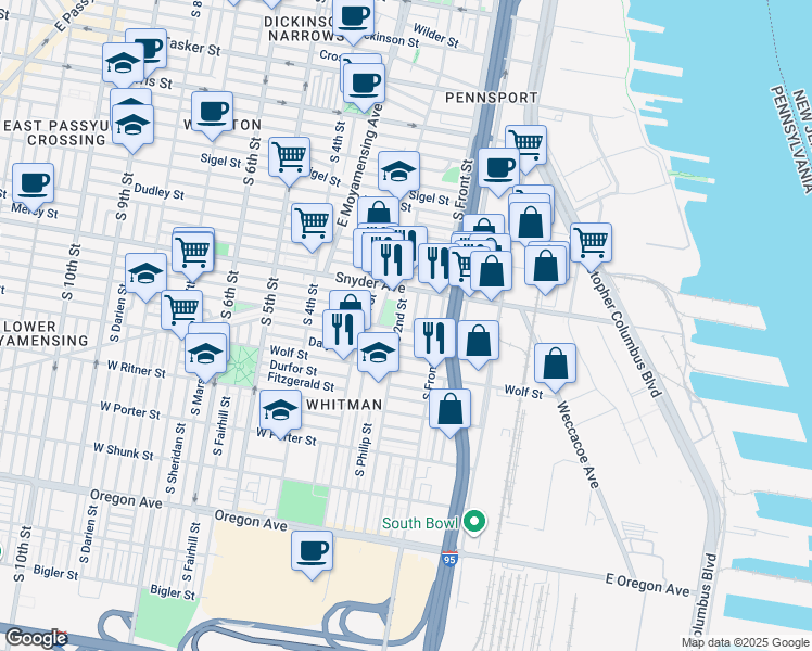 map of restaurants, bars, coffee shops, grocery stores, and more near 145 Jackson Street in Philadelphia