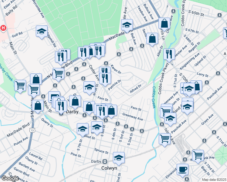 map of restaurants, bars, coffee shops, grocery stores, and more near 411 Coventry Avenue in Darby