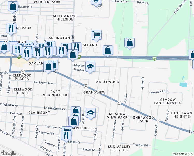 map of restaurants, bars, coffee shops, grocery stores, and more near 147 South Fostoria Avenue in Springfield