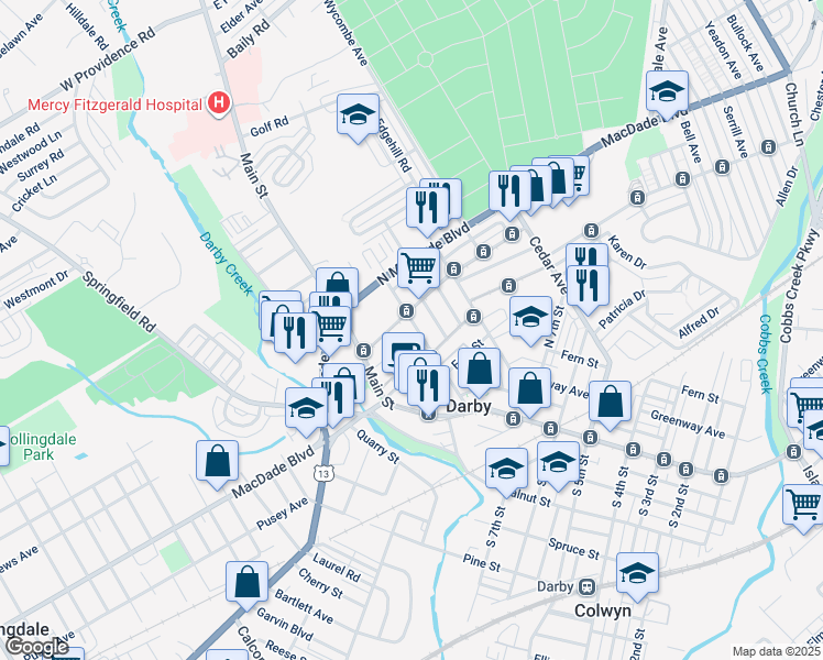 map of restaurants, bars, coffee shops, grocery stores, and more near 922 Ridge Avenue in Darby