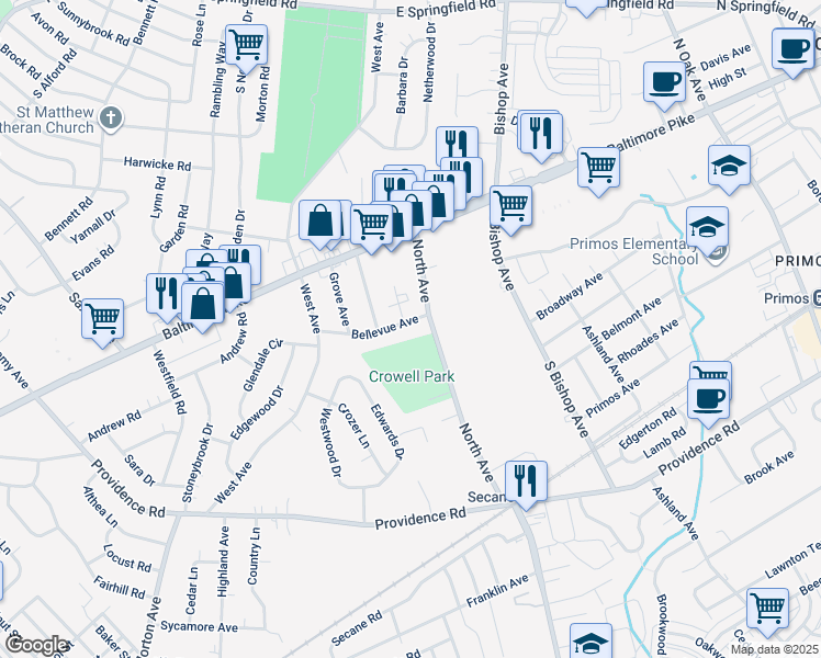 map of restaurants, bars, coffee shops, grocery stores, and more near 115 Bellevue Avenue in Springfield