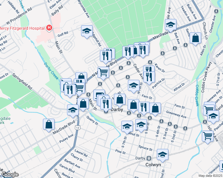map of restaurants, bars, coffee shops, grocery stores, and more near 123 North 9th Street in Darby