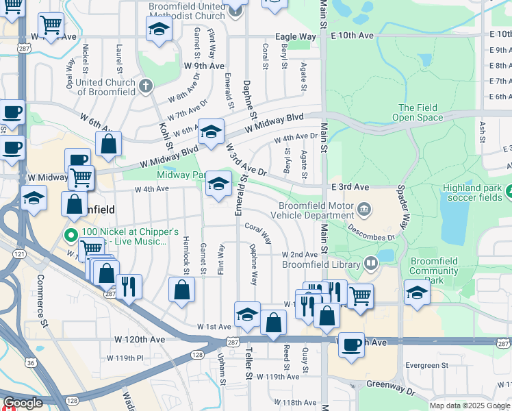 map of restaurants, bars, coffee shops, grocery stores, and more near 295 Agate Way in Broomfield
