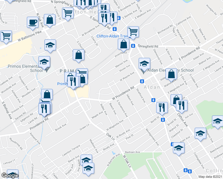 map of restaurants, bars, coffee shops, grocery stores, and more near 79 North Sycamore Avenue in Aldan