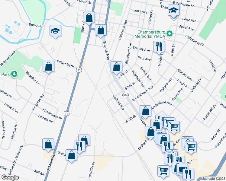 map of restaurants, bars, coffee shops, grocery stores, and more near 445 Guilford Avenue in Chambersburg