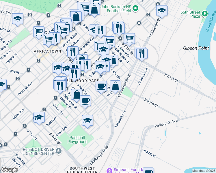 map of restaurants, bars, coffee shops, grocery stores, and more near 6403 Dicks Avenue in Philadelphia