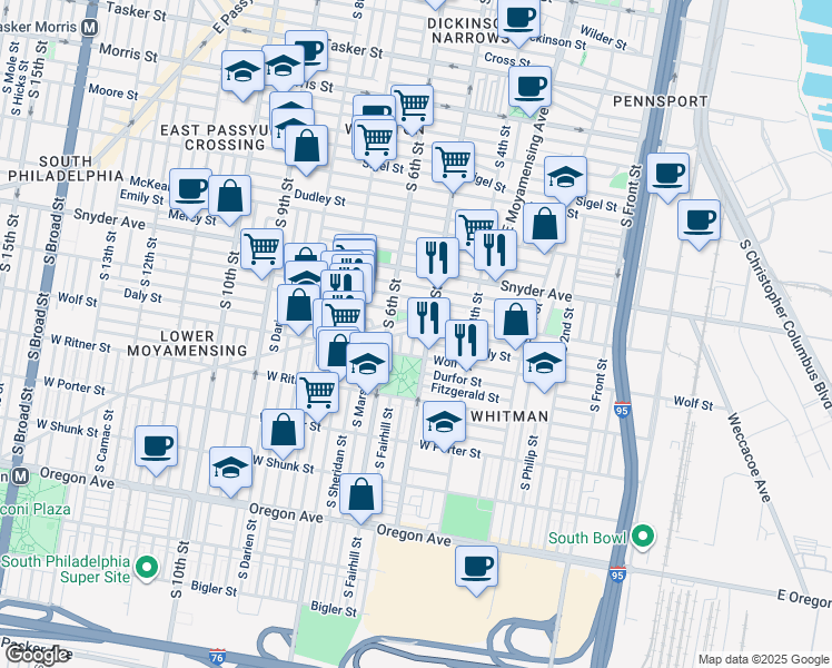 map of restaurants, bars, coffee shops, grocery stores, and more near 516 Tree Street in Philadelphia