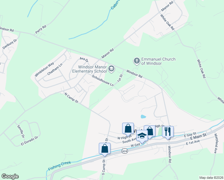 map of restaurants, bars, coffee shops, grocery stores, and more near 41 Schoolhouse Lane in Windsor