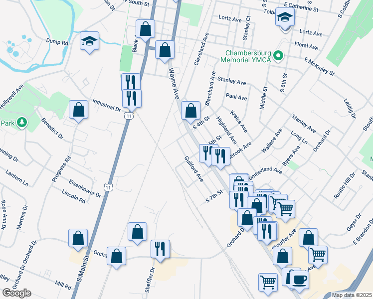 map of restaurants, bars, coffee shops, grocery stores, and more near 445 Guilford Avenue in Chambersburg