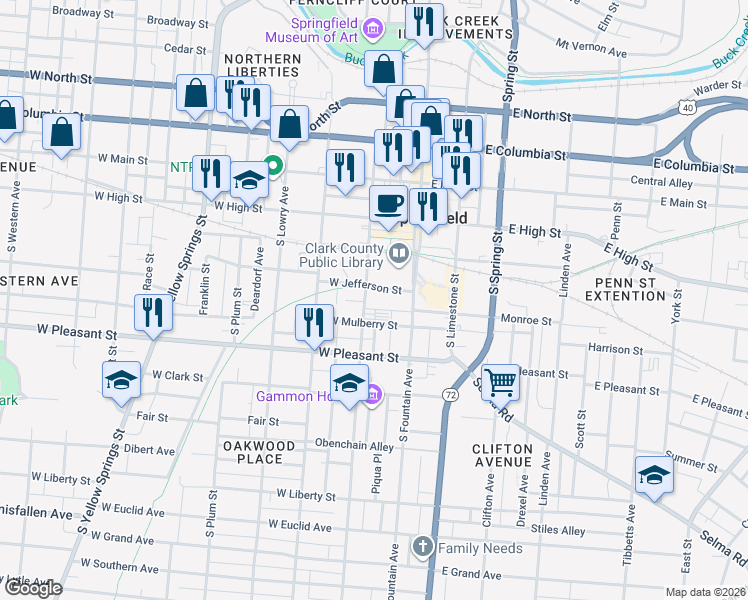 map of restaurants, bars, coffee shops, grocery stores, and more near 306-328 S Center St in Springfield