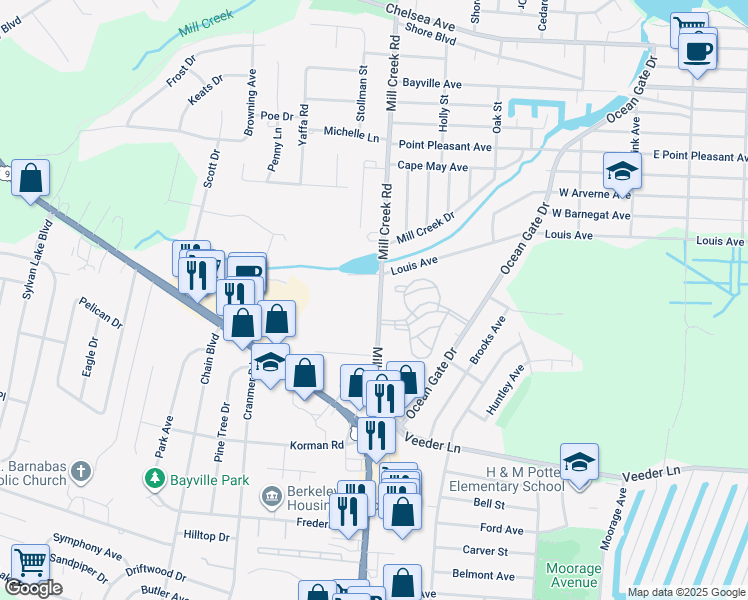 map of restaurants, bars, coffee shops, grocery stores, and more near 186 Mill Creek Road in Berkeley Township