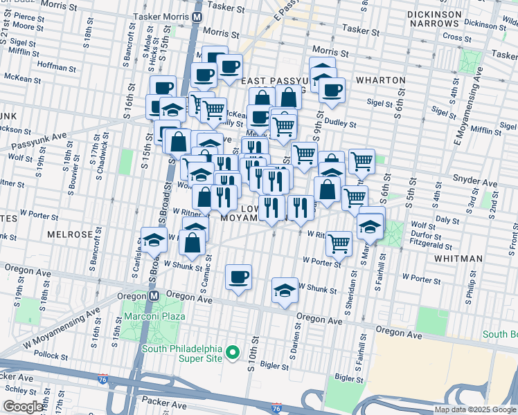 map of restaurants, bars, coffee shops, grocery stores, and more near 2316 South Warnock Street in Philadelphia