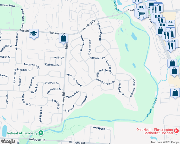 map of restaurants, bars, coffee shops, grocery stores, and more near 3118 Grand Haven Drive in Pickerington