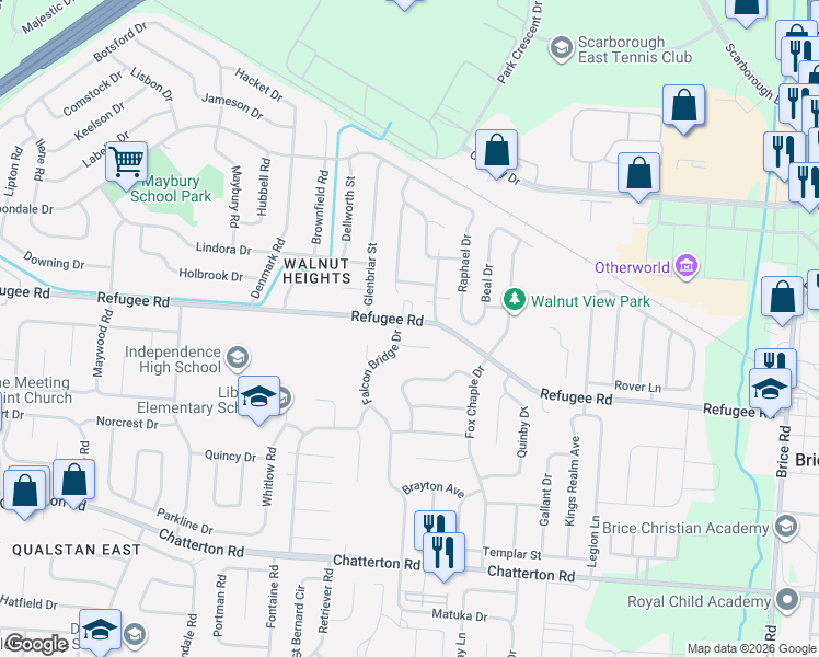 map of restaurants, bars, coffee shops, grocery stores, and more near 5380 Refugee Road in Columbus