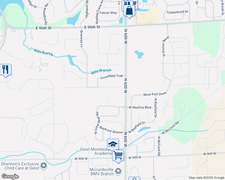 map of restaurants, bars, coffee shops, grocery stores, and more near 6089 Terra Lane in McCordsville