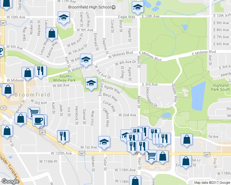 map of restaurants, bars, coffee shops, grocery stores, and more near 263 Agate Way in Broomfield