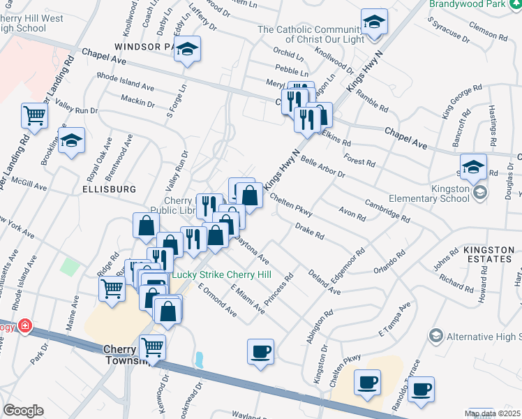 map of restaurants, bars, coffee shops, grocery stores, and more near 1001 Kings Highway North in Cherry Hill
