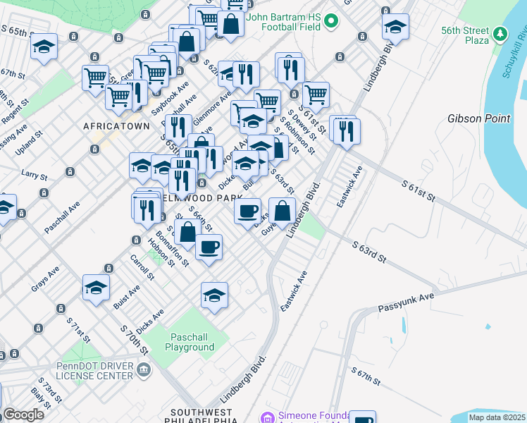 map of restaurants, bars, coffee shops, grocery stores, and more near 6403 Dicks Avenue in Philadelphia