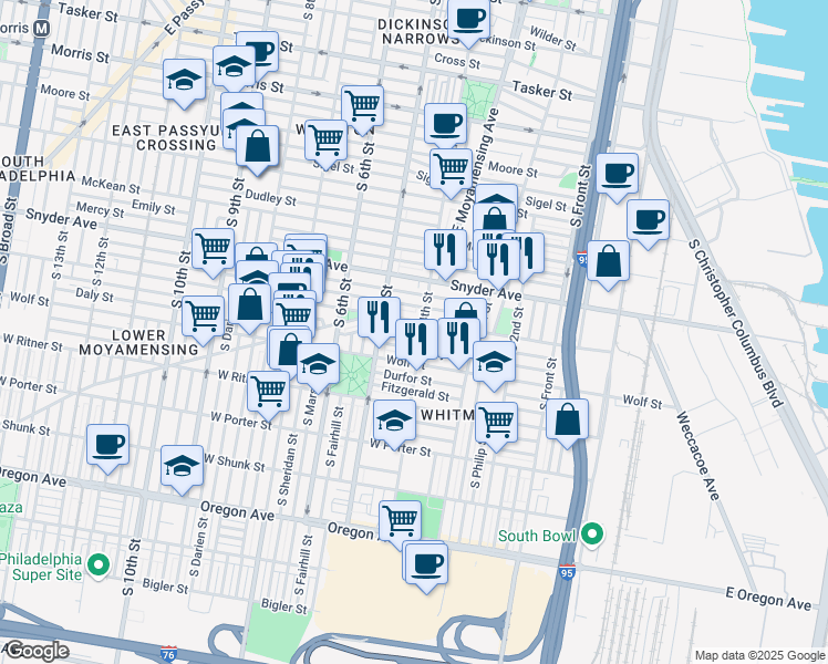 map of restaurants, bars, coffee shops, grocery stores, and more near 407 Tree Street in Philadelphia