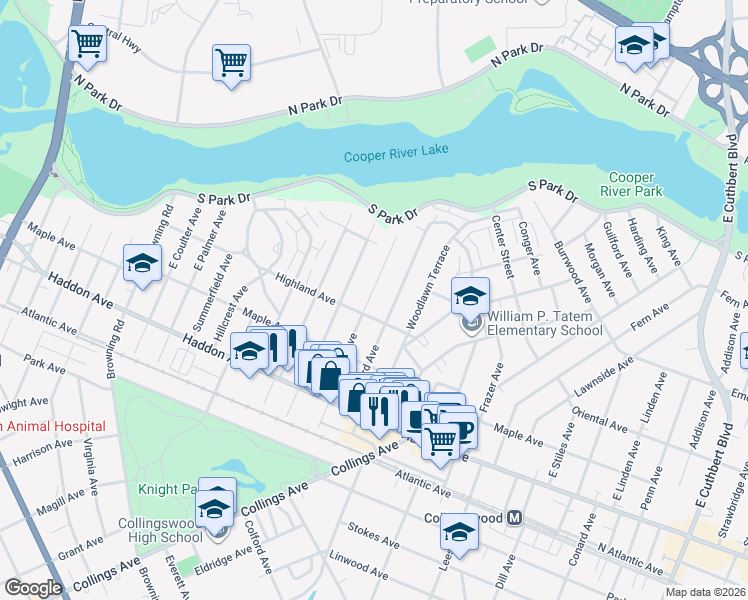 map of restaurants, bars, coffee shops, grocery stores, and more near 230 East Knight Avenue in Collingswood