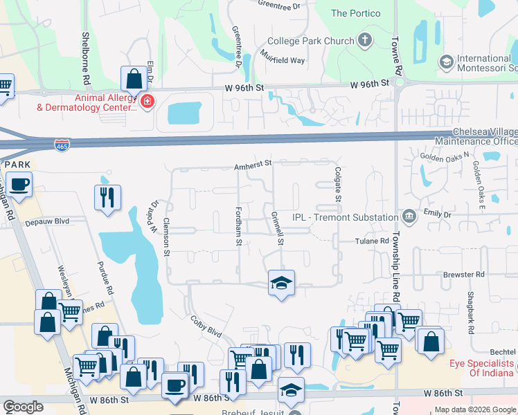 map of restaurants, bars, coffee shops, grocery stores, and more near 2844 Jamieson Lane in Indianapolis