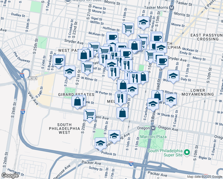 map of restaurants, bars, coffee shops, grocery stores, and more near 1801 Roseberry Street in Philadelphia