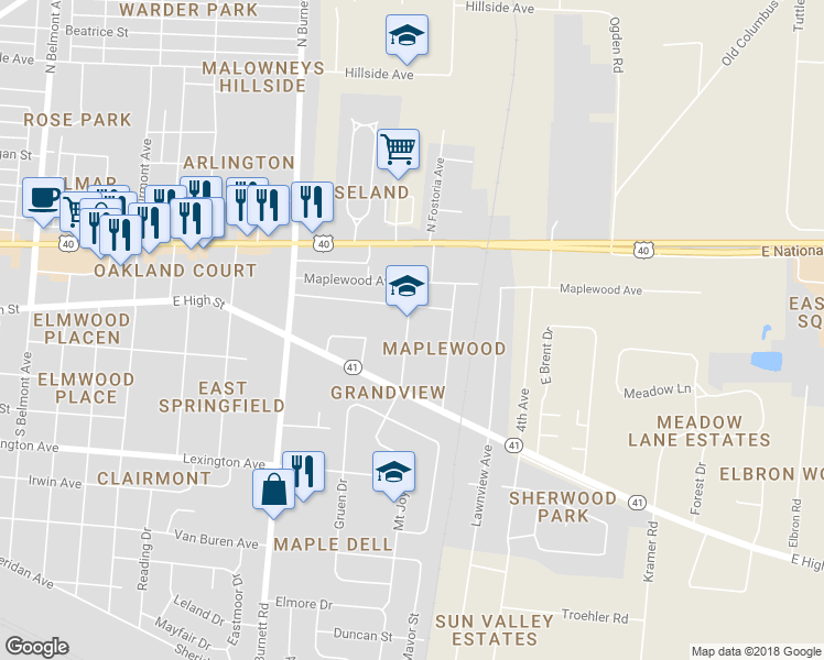 map of restaurants, bars, coffee shops, grocery stores, and more near 146 South Fostoria Avenue in Springfield