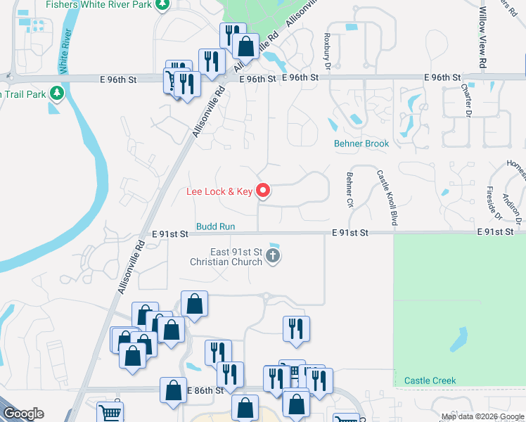 map of restaurants, bars, coffee shops, grocery stores, and more near 6001 Thrushwood Drive in Indianapolis