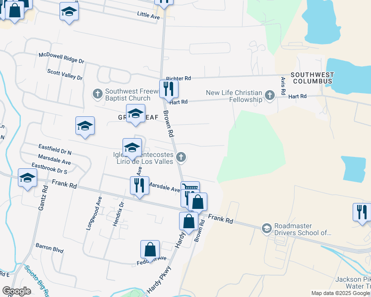 map of restaurants, bars, coffee shops, grocery stores, and more near 1710 Brown Road in Columbus