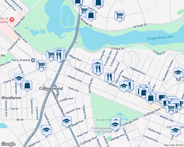 map of restaurants, bars, coffee shops, grocery stores, and more near 19 East Browning Road in Collingswood