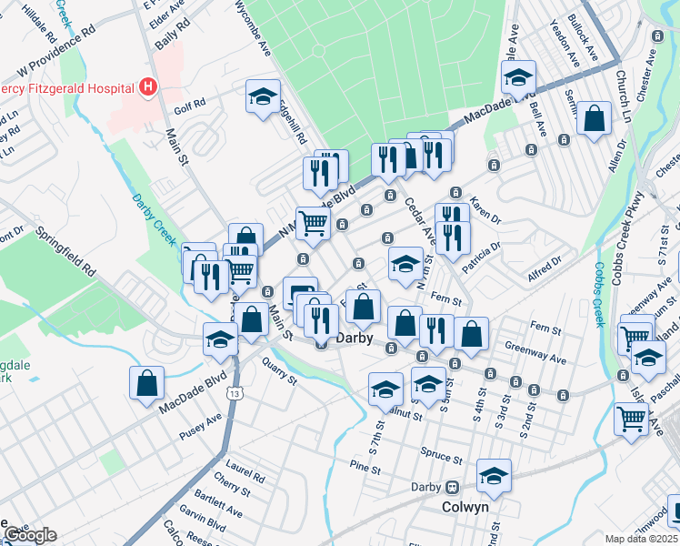 map of restaurants, bars, coffee shops, grocery stores, and more near 135 North 9th Street in Darby