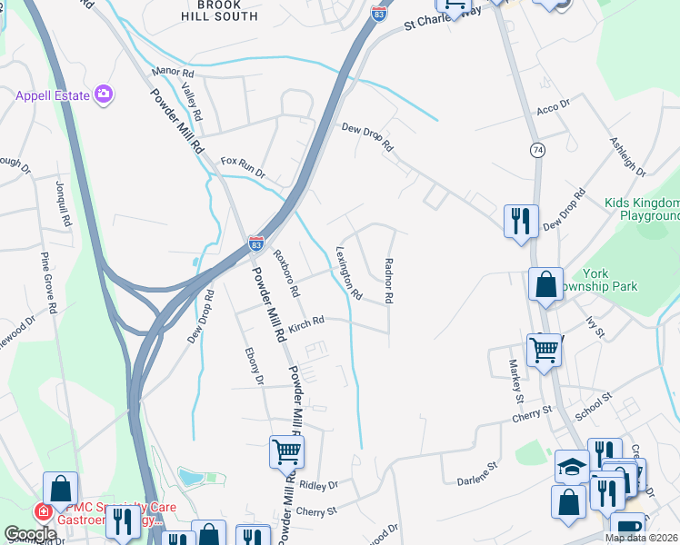 map of restaurants, bars, coffee shops, grocery stores, and more near 118 Lexington Road in York
