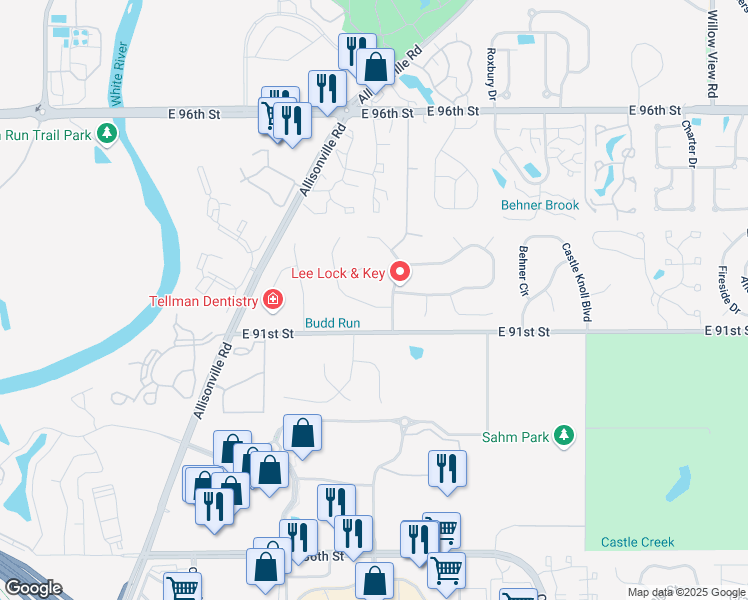 map of restaurants, bars, coffee shops, grocery stores, and more near 9153 Budd Run Drive in Indianapolis