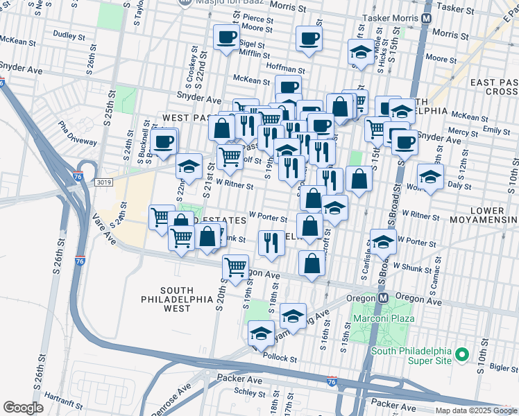 map of restaurants, bars, coffee shops, grocery stores, and more near 1855 Roseberry Street in Philadelphia