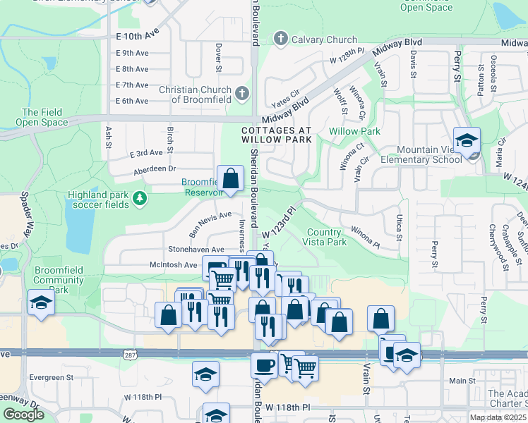 map of restaurants, bars, coffee shops, grocery stores, and more near 12356 Wolff Drive in Broomfield